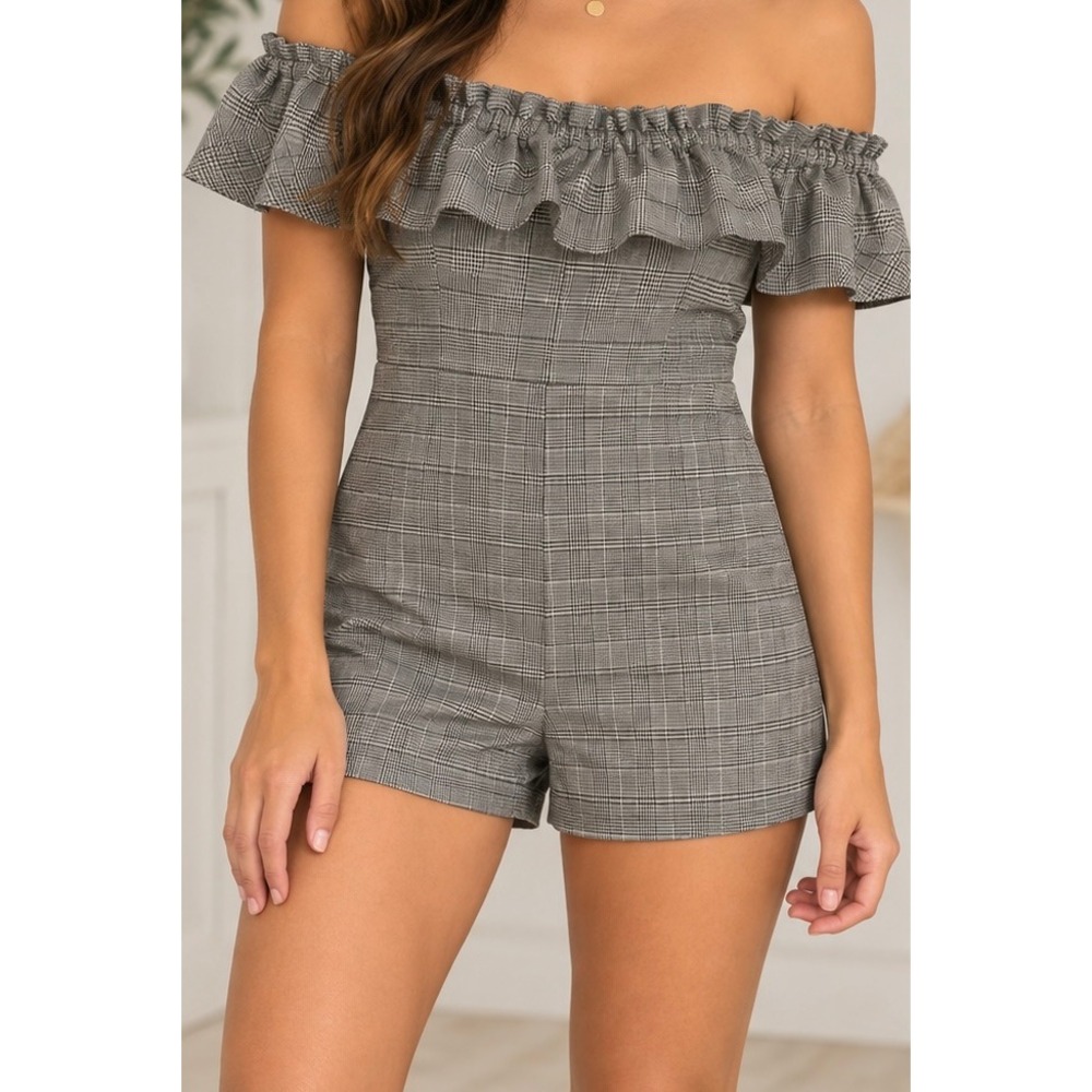Grey Glen Plaid Off The Shoulder Ruffle Trim Romper Jumpsuit Shorts Size-S
